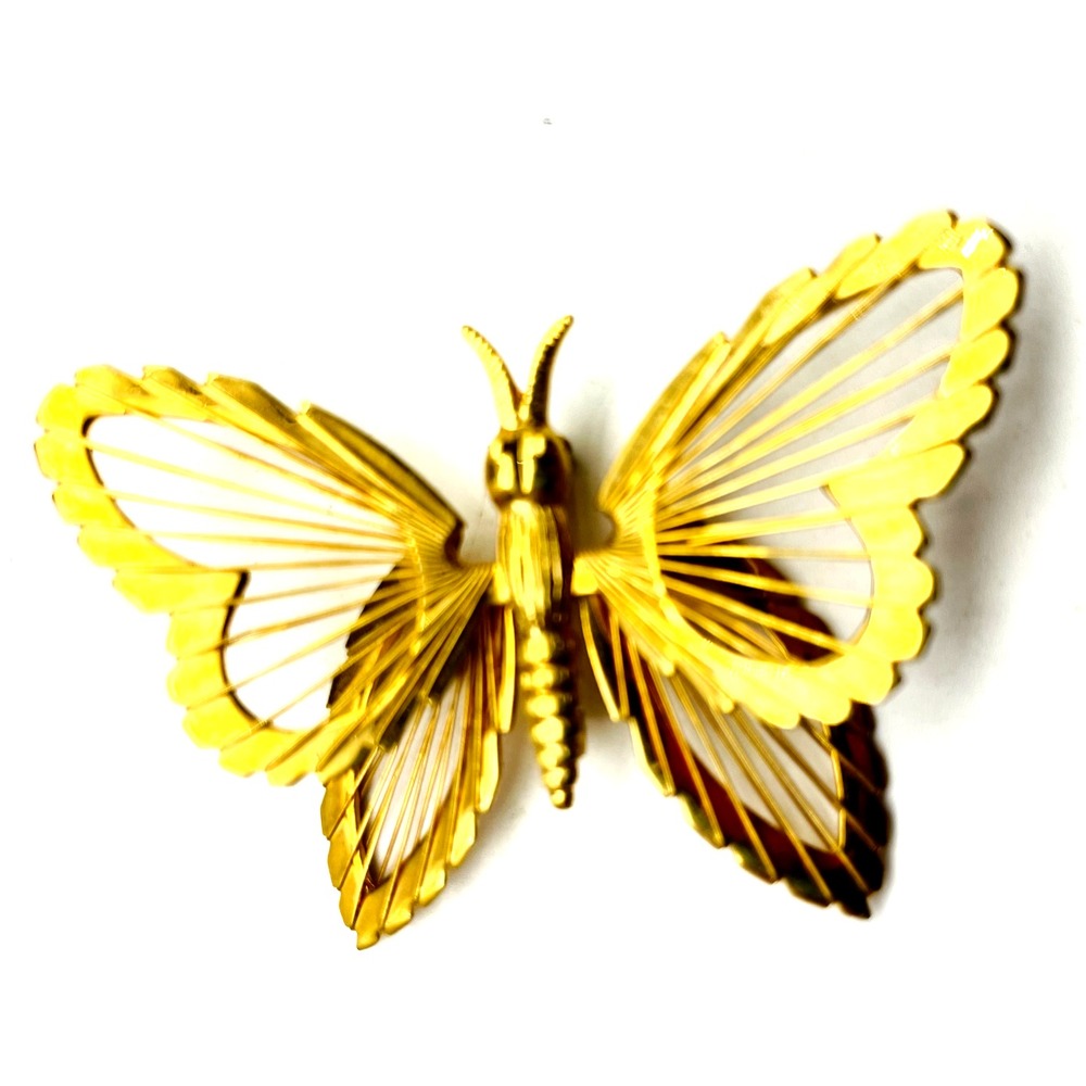 Vintage Monet Butterfly Brooch Gold Tone Openwork Dimensional Figural Pin Signed